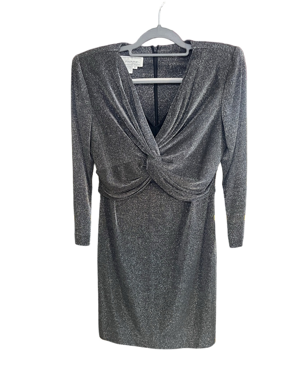 Warren Petites Gunmetal Metallic Twist-Front 3/4 Sleeve Dress